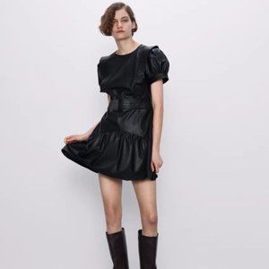 Zara Faux Leather Ruffled Dress Black Size XS